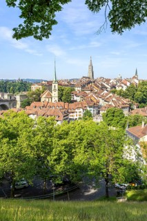 Bern City on the River Aare Old Town with Bern Minster Church in Bern, Switzerland