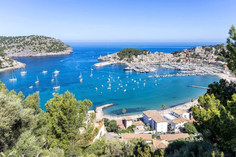 Port de Soller on Majorca from above holiday by the sea beach harbour with boats trip in Port de