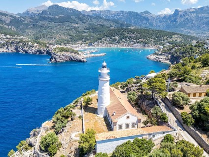 Port de Soller on Majorca with lighthouse aerial view holiday by the sea trip in Spain