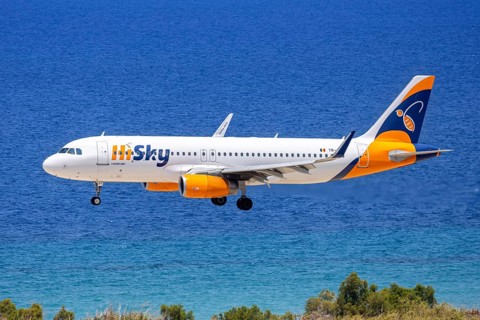 A HiSky Airbus A320 aircraft with the registration YR-JOY at Rhodes Airport, Greece