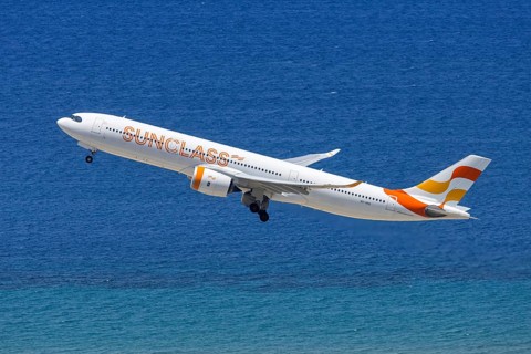 An Airbus A330-900neo aircraft of Sunclass Airlines with the registration number OY-VKO at Rhodes