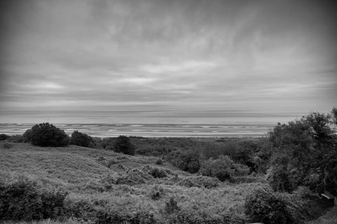 View of Omaha Beach, D-Day, Operation Overlord, black and white, Saint-Laurent-sur-Mer near