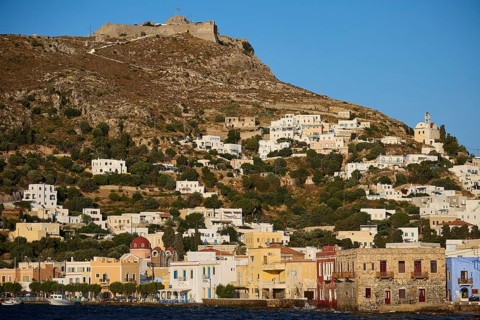 Panteli Fortress, coastal landscape with white houses on a hill and a fortress on top, Agia Marina,