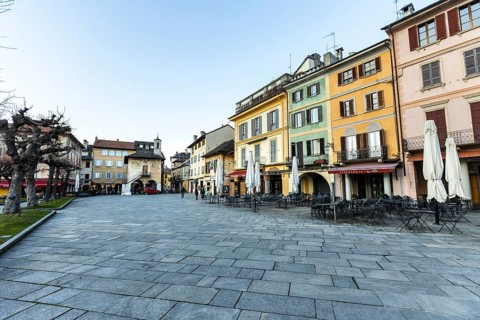 Market square with cafes in Orta San Giulio, Orta San Giulio, on Lake Orta, Province of Novara,