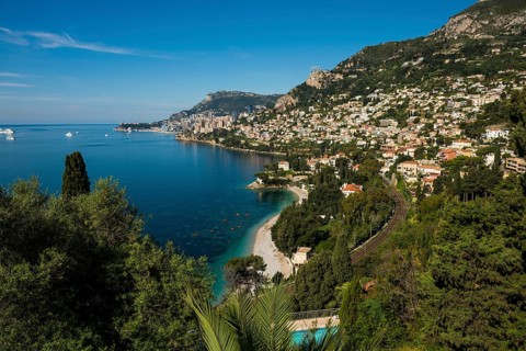 View of Roquebrune and Monaco, Plage du Golfe Bleu, Alpes Maritimes, Provence Alpes Cote d'Azur,