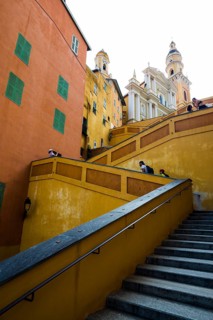 Town with colourful houses by the sea, Menton, Alpes Maritimes, Provence Alpes Cote d'Azur, French