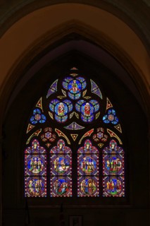 Interior view, stained glass window, coloured church windows, Cathédrale Notre-Dame de Bayeux,