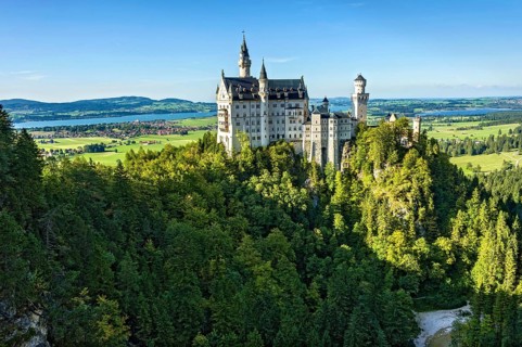 Neuschwanstein Castle by King Ludwig II above the Pöllat Gorge, fairytale castle in the