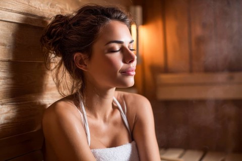 Beautiful lady relaxing in hot steamy sauna. Concept of relaxation in beauty spa, AI generated