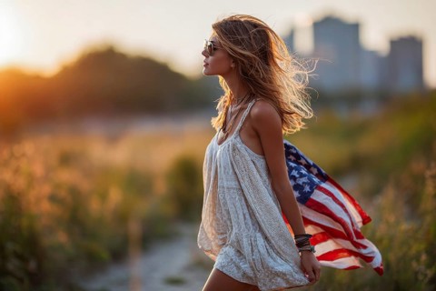 Beautiful attractive patriotic young woman with the American flag held in her standing in the