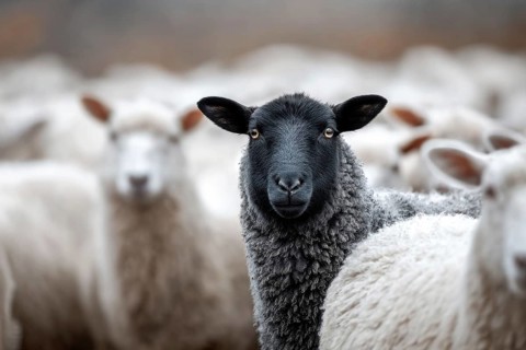 Black sheep sticking among white sheep. Black sheep in the family. Concept of a different person or