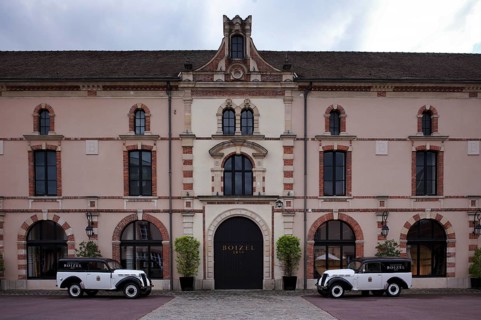 Black and white Renault Juvaquatre Editorial vintage cars in front of headquarters, head office,