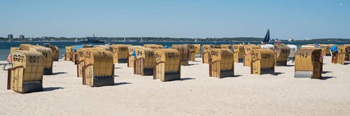 Beach chairs on the sandy beach, Laboe, Baltic seaside resort, fjord, Baltic Sea, North Frisia,