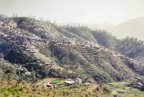 Squatter settlement huts on hillside, Pak Uk Tsai Road, New Territories, Kong Hong, Asia 1965