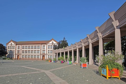 New town hall built in 1879 and arcade, parade ground, Pirmasens, Rhineland-Palatinate, Germany