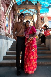 Indian wedding couple, 23 and 25 years old, at Sacchiya Mata Temple, Osian Temple Complex, Jodhpur,