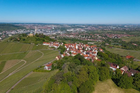 View of a city with surrounding nature and vineyards under a blue sky, view of Rotenberg near