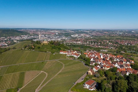 City with surrounding vineyards and landscape under a clear sky, view of Rotenberg near Stuttgart
