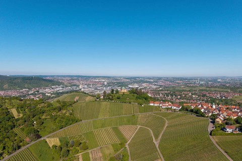 Landscape with vineyards and city with clear sky and wide view, view of Rotenberg near Stuttgart