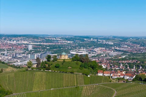 View of a building on a hill in front of a wide cityscape and vineyards, view of Rotenberg near