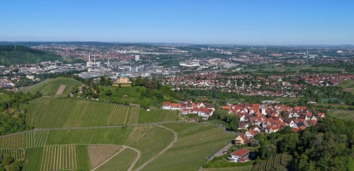 Panoramic view of a town with surrounding vineyards under a clear blue sky, view of Rotenberg near