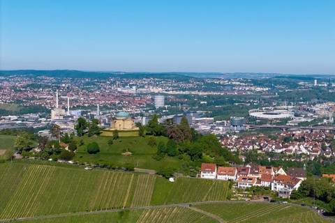 Vineyards and a hilltop building in front of a detailed city panorama, view of Rotenberg near