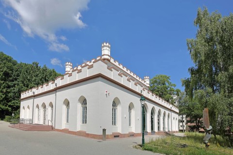 Gothic house with battlements and corner turrets, neo-Gothic, white, museum, Dornholzhausen, Bad