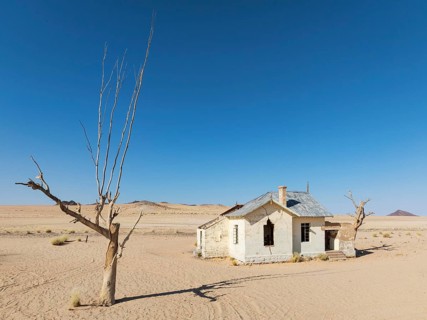 The long abandoned Garum train station in the southern Namib Desert. Aerial view. Drone shot.