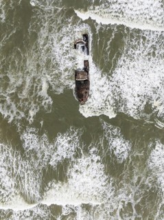 The Zeila shipwreck at the Skeleton Coast. Aerial view. Drone shot. Dorob National Park, Namibia
