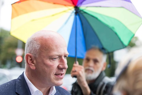 Kai Wegner (Governing Mayor of Berlin) gives interviews after raising the rainbow flag for Pride