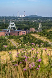 The double headframe of the disused Ewald mine, shaft 7, on the right headframe shaft 2, in Herten,