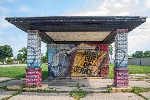 Saginaw, Michigan - A mural on a former gas station announces that gasoline is not available
