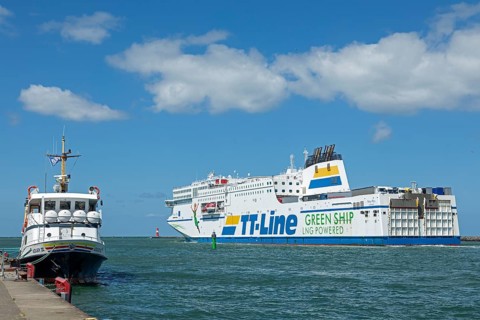 TT-Line ferry Peter Pan leaving, excursion boat, Warnow, Warnemünde, Rostock, Mecklenburg-Western