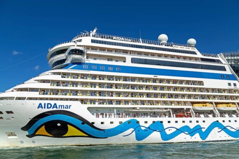 Cruise ship AIDA nova departs, Warnow, Warnemünde, Rostock, Mecklenburg-Western Pomerania, Germany