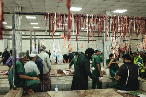 Market hall, section of camel butchers, Salalah, Dhofar, Oman