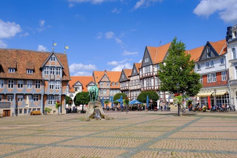 Town market, market square with town hall and monument to Duke August the Younger, Wolfenbüttel,