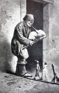Zampagnaro a traditional Italian shepherd figure that is often depicted in nativity scene scenes.