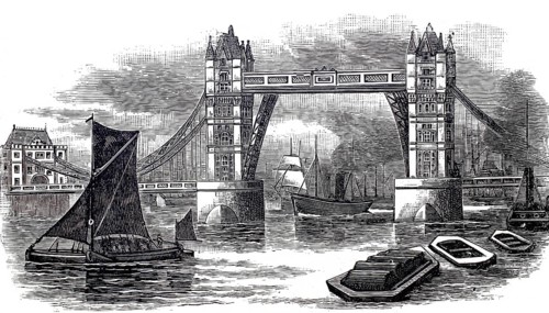 The Tower Bridge over the Thames in London, around 1850, England, digitally enhanced reproduction