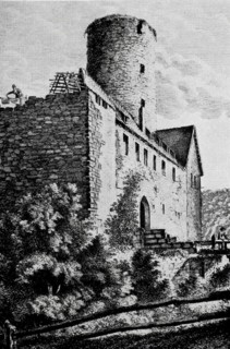 Thann Castle in the Middle Ages, also Burgthann, ruins of a Spornburg on a mountain spur above the