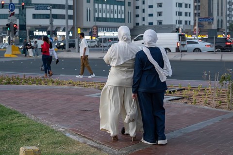 Women fashionably dressed with headscarf, Abu Dhabi, United Arab Emirates