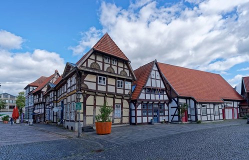 Half-timbered houses on the market square in the historic old town of Nienburg an der Weser.