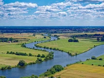 The Aller flows into the Weser at Verden. Aerial view, looking upstream, with the Aller on the left