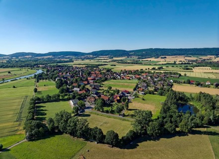 Landscape around the Weser lowlands near Großenwieden, aerial view. Hessisch Oldendorf, Lower