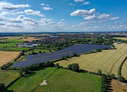 Solar field near Hoya, aerial view. Hoya, Lower Saxony, Germany