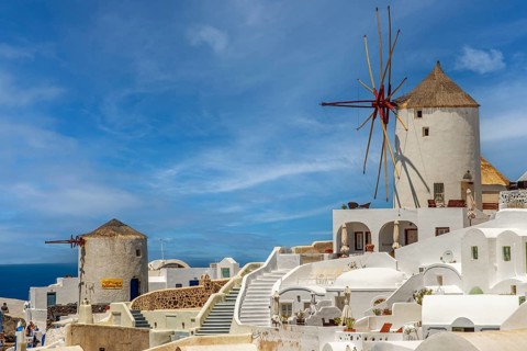 Windmills on Oia Santorini Greece