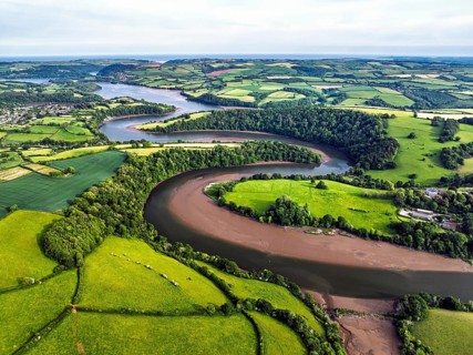 Farms and Fields over River Dart from a drone, Stoke Gabriel, Totnes, Devon, England, United