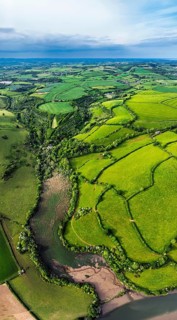 Panorama of Farms and Fields over River Dart from a drone, Stoke Gabriel, Totnes, Devon, England,