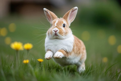 Cute bunny jumping toward camera through green grass. Playful and energetic wildlife moment in