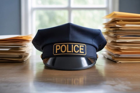 Police hat on wooden desk in modern office. Symbol of law enforcement, authority, and