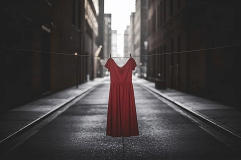 Red dress suspended in empty alley. Visual protest against violence and disappearance of women.